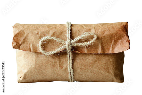  Brown paper package tied with twine bow, rustic wrapping, vintage gift presentation, eco-friendly packaging, isolated on transparent background.