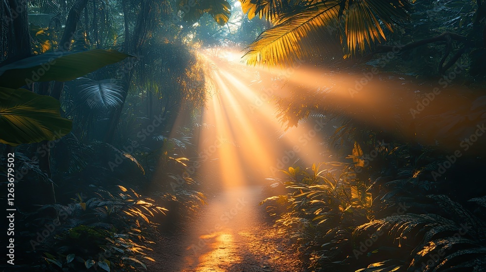 Obraz premium Sunlight path in a dense jungle. Possible use nature, wallpaper, screensaver