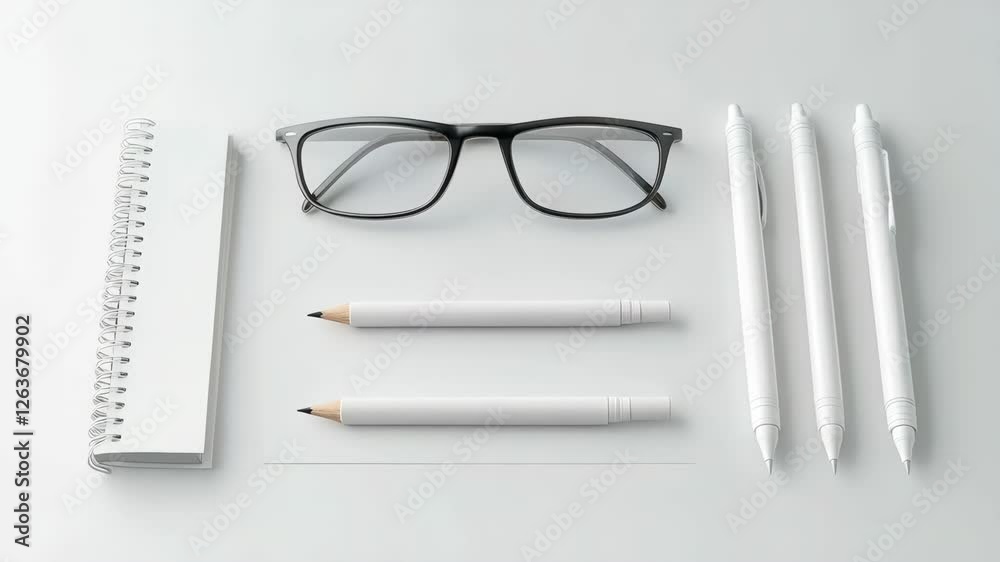Organized stationery layout with glasses and notepad on white background Organized stationery layout with glasses and notepad on white background