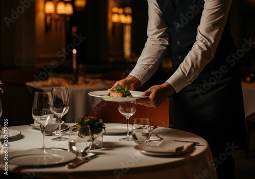 Elegant waiter serving a gourmet dish at a fine dining restaurant photo