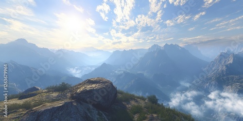 A majestic mountain vista graced by a prominent rock in the foreground under a soft, azure sky dotted with golden and white clouds. Sunlight glimmers through, enhancing the scene's serene beauty photo