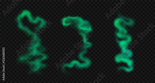 Realistic bad smelling green smoke in different shapes. Vector image of toxic wavy steam, fog, haze isolated on black transparent background