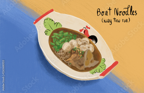 Digital Thai Food Illustration, Boat Noodles by Gouache on Yellow and Blue Background with  Hand Write the Food Name.