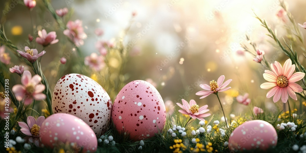 Colorful Easter eggs surrounded by flowers in a vibrant spring landscape during the golden hour Colorful Easter eggs surrounded by flowers in a vibrant spring landscape during the golden hour