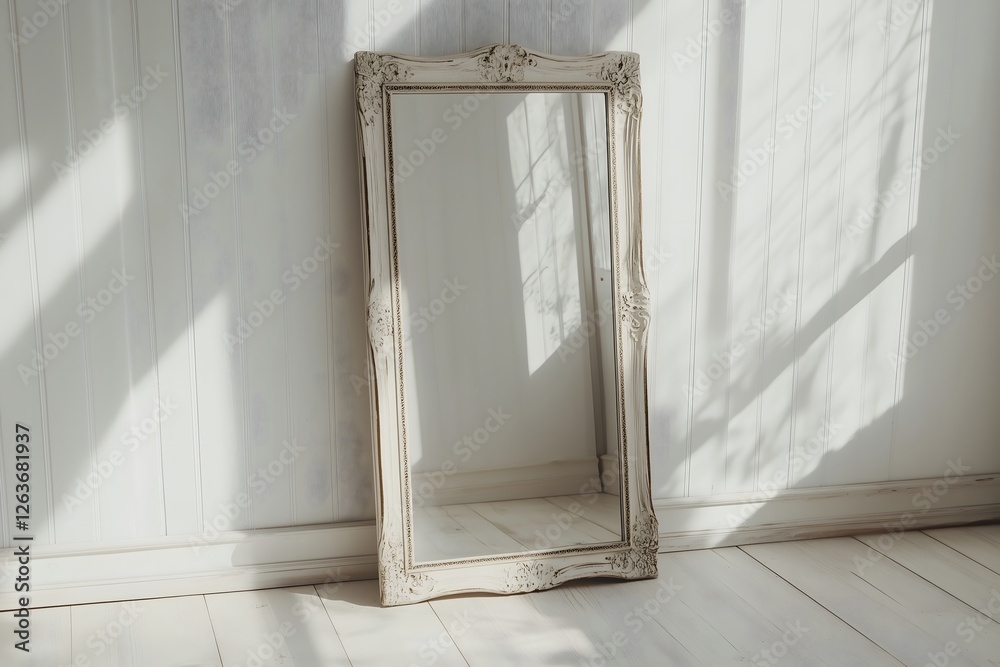 Fototapeta premium A mirror with a white frame leaning against a white wall with sunlight shining in