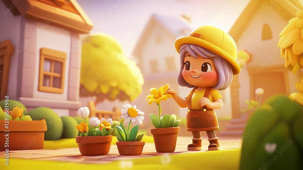 Naklejka premium Senior Woman Gardening Pastel colored 3D cartoon style illustration.