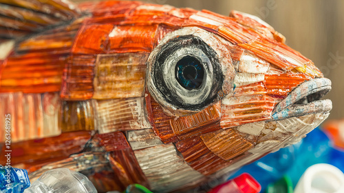 Colorful fish sculpture made from recycled plastic materials highlights environmental issues at an art exhibit
