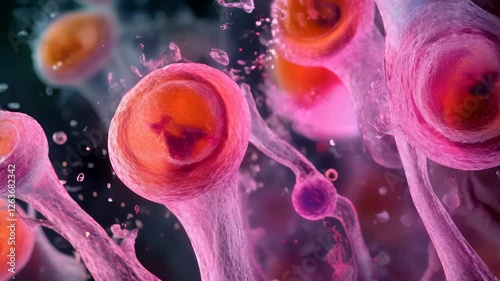 Pulsating purple microbial structures breathing underwater with vibrant colors