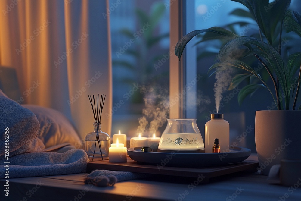 Fototapeta premium Tray of essential oils, diffusers, and scented candles arranged elegantly