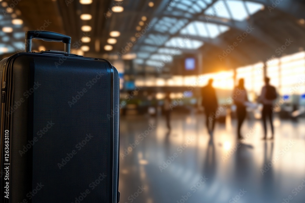 A sleek black suitcase stands prominently in a busy airport terminal, capturing the essence of travel as people move about during a warm sunset glow in the background. A sleek black suitcase stands prominently in a busy airport terminal, capturing the essence of travel as people move about during a warm sunset glow in the background.