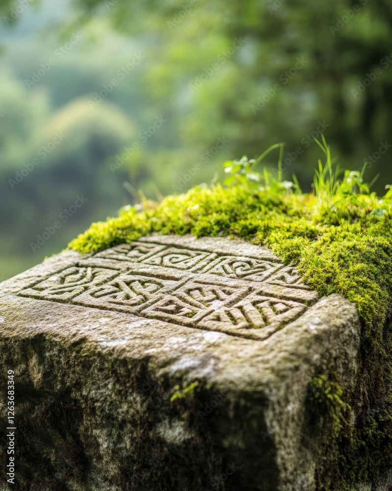An ancient moss-covered stone with intricate carvings stands in a lush green forest, evoking mystery and forgotten history An ancient moss-covered stone with intricate carvings stands in a lush green forest, evoking mystery and forgotten history
