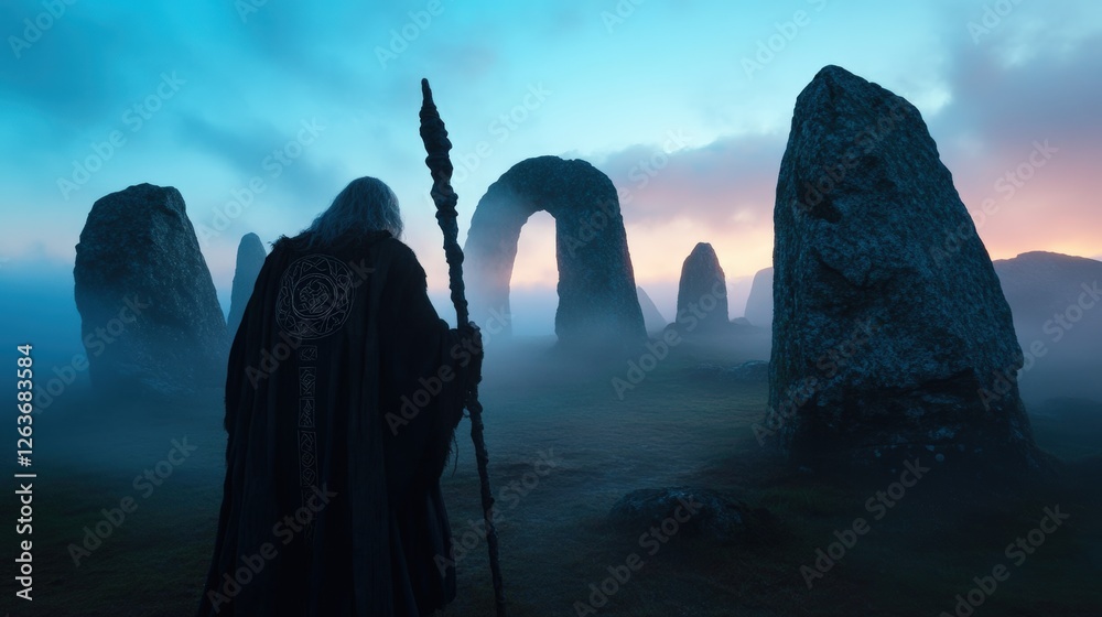 A cloaked druid with a staff walks through ancient standing stones at dawn, surrounded by mist and mystery A cloaked druid with a staff walks through ancient standing stones at dawn, surrounded by mist and mystery