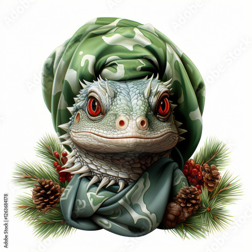 whimsical lizard wearing camouflage scarf, surrounded by pine branches and cones, exudes playful and adventurous spirit photo