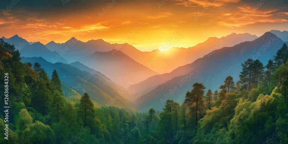 Obraz premium Majestic mountain peaks under a vibrant sunset, casting an amber glow over rugged terrains. Sunlight dances through crevices, painting the landscape with warmth and beauty
