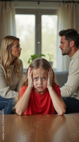 Emotional family scene an distressed girl, sitting at a table, holding her head in despair while her parents discuss their conflict in the background, themes of family dynamics and emotional struggles