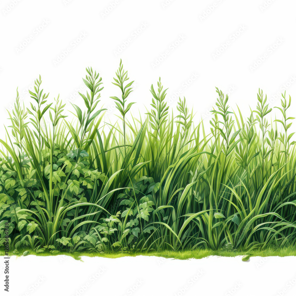 Obraz premium Lush green grass and foliage create vibrant natural landscape, showcasing various shades of green and textures. This illustration evokes sense of tranquility and freshness