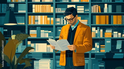 Man in orange jacket reads a book in a library with teal shelves and many books.