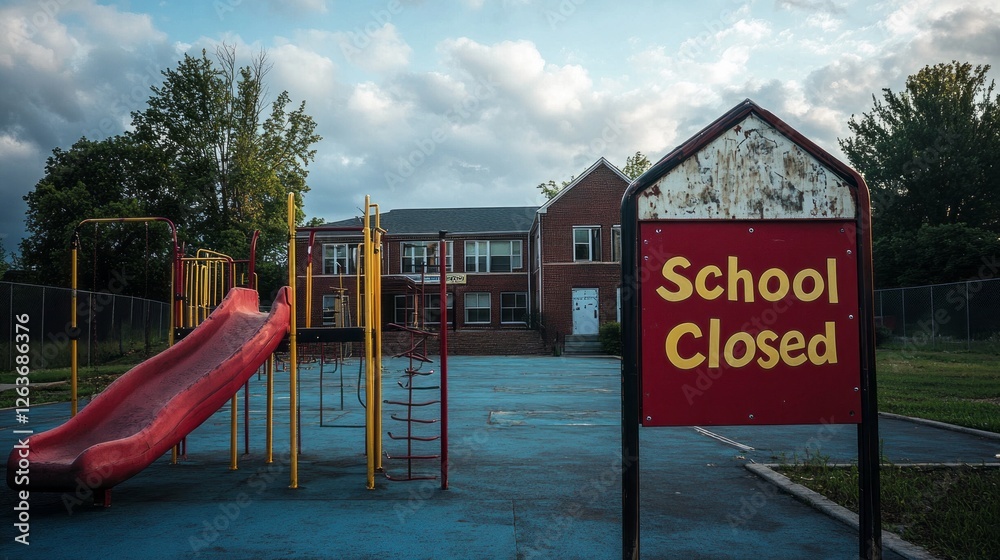 Children's playground stands silent, marked by a prominent School Closed sign. The surrounding area reflects the ongoing struggles in the education sector, with no students playing. Children's playground stands silent, marked by a prominent School Closed sign. The surrounding area reflects the ongoing struggles in the education sector, with no students playing.