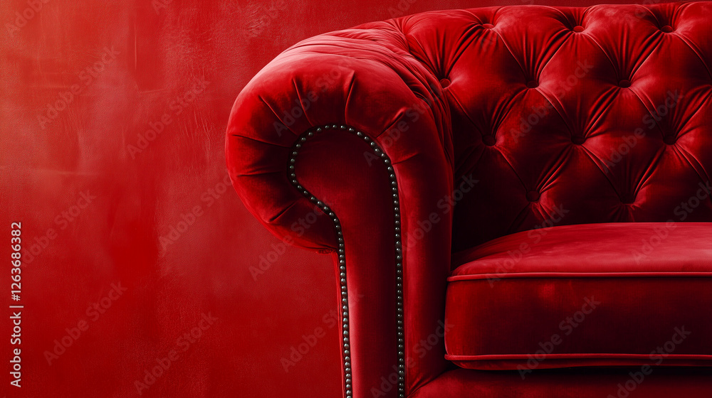 Fototapeta premium Close-up of a luxurious red velvet sofa with tufted design and nailhead trim.