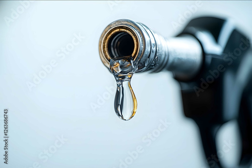 Droplet of fuel hanging from the end of a gas nozzle against a clean white background with copy space Photography high quality high resolution ultradetailed cine photo