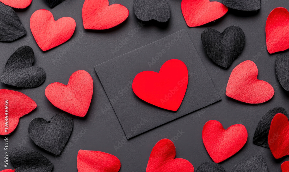 Obraz premium Arrangement of Red and Black Heart Shapes Surrounding a Central Red Heart on a Black Background for Romantic Themes or Valentine's Day Decorations