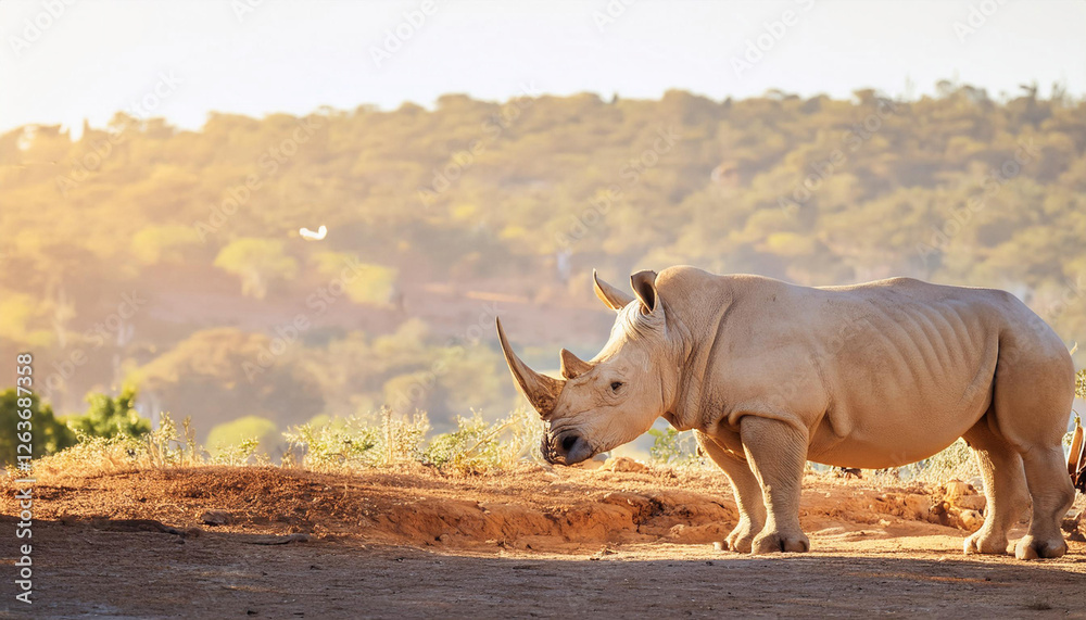 Obraz premium White Rhinoceros Standing in a Sunny and Copy Space