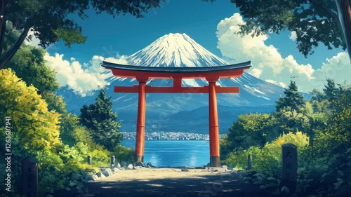 Majestic torii gate overlooking lake with snowcapped mountain background