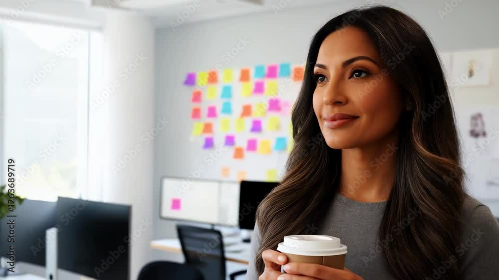 Confident Hispanic Latina Business Professional in Modern Tech Office Space with Coffee Cup Standing Near Workstations, Female Leadership Diversity Success Confident Hispanic Latina Business Professional in Modern Tech Office Space with Coffee Cup Standing Near Workstations, Female Leadership Diversity Success