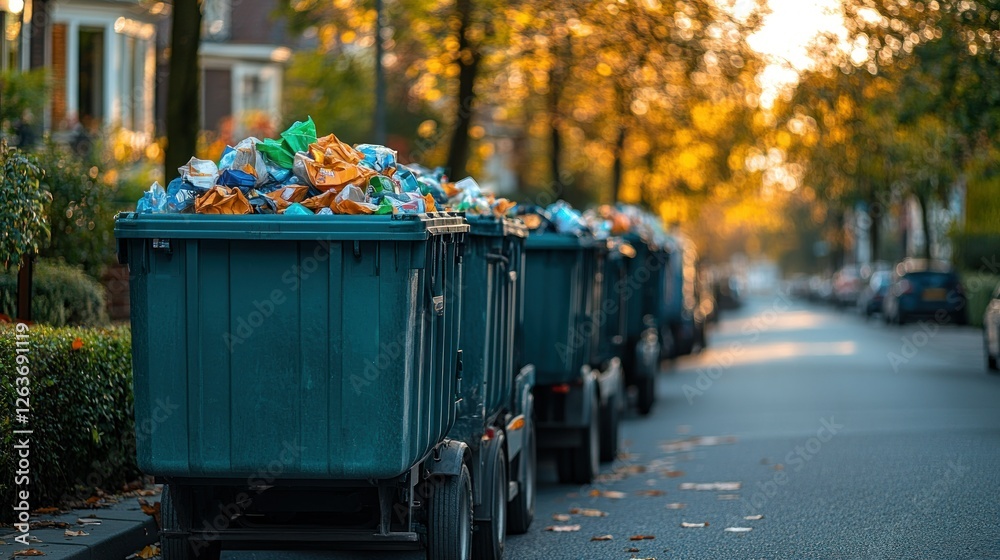 Autumn street recycling collection; overflowing bins