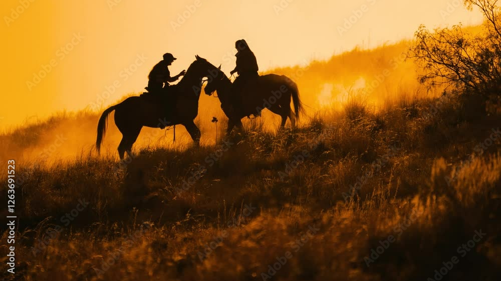 Two women on horseback riding closely