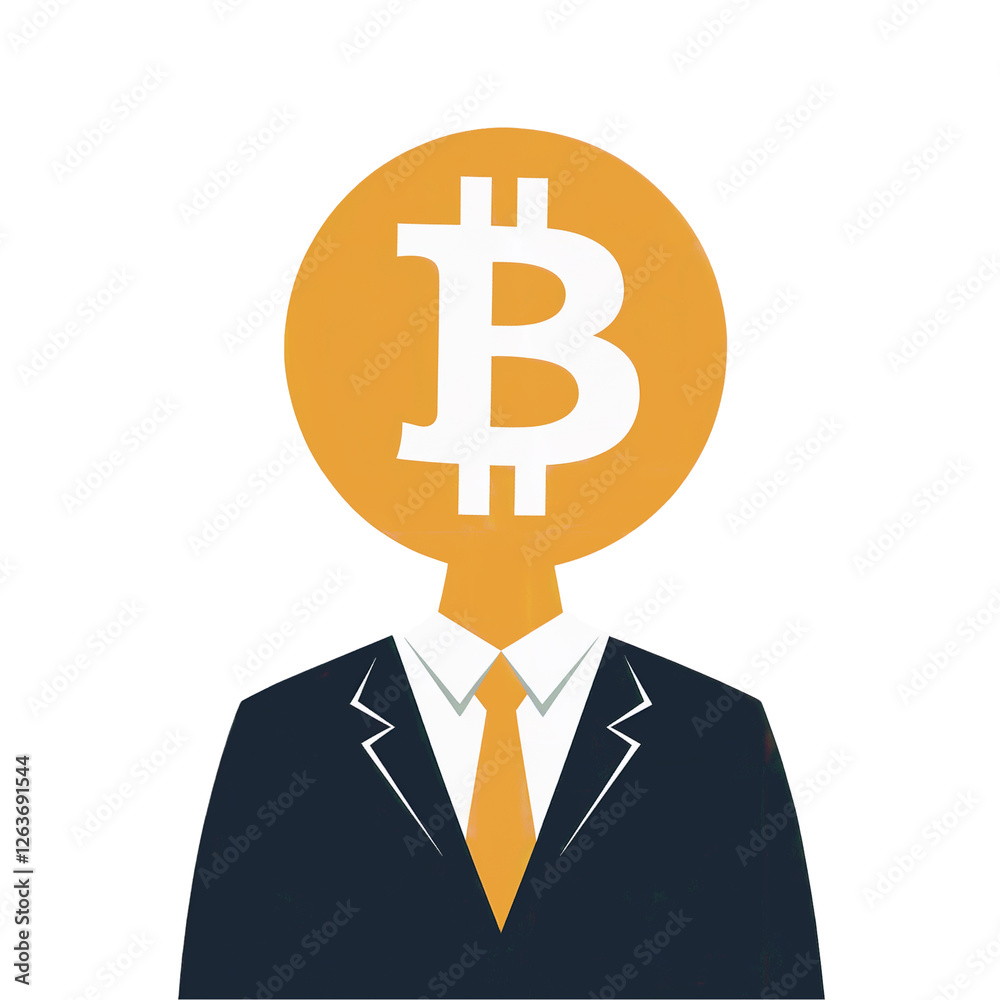 A simplified human silhouette is depicted wearing a suit and tie, with a large Bitcoin symbol in place of a hea A simplified human silhouette is depicted wearing a suit and tie, with a large Bitcoin symbol in place of a hea