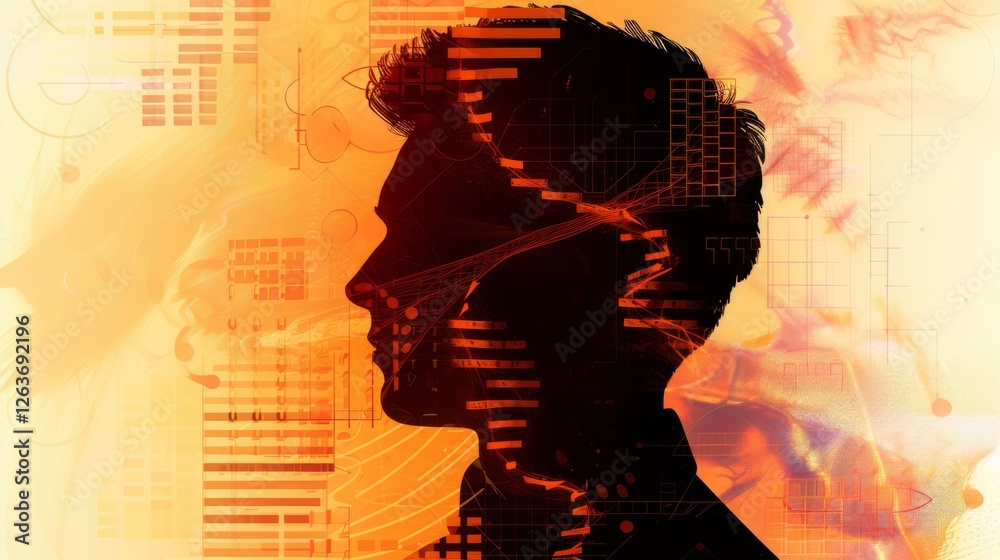 A futuristic digital artwork of a human head silhouette with abstract geometric and technological elements, symbolizing artificial intelligence and data analysis. AI generated.