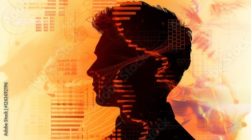 Obraz na płótnie A futuristic digital artwork of a human head silhouette with abstract geometric and technological elements, symbolizing artificial intelligence and data analysis. AI generated. w salonie