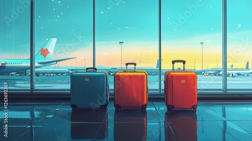 Suitcases await departure: luggage at airport terminal with planes in background
