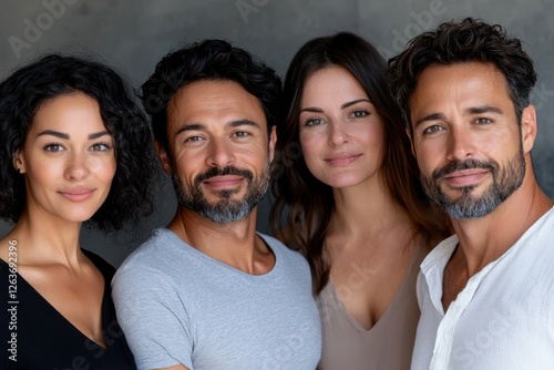 A charming group of four individuals posing together with joyous expressions, embodying connection and happiness against a minimalist backdrop, exuding warmth and friendliness. photo