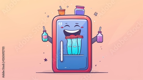 Cartoon fridge character holding colorful bottles and jars with a happy expression, set against a playful backdrop. Vibrant and imaginative. AI generated.