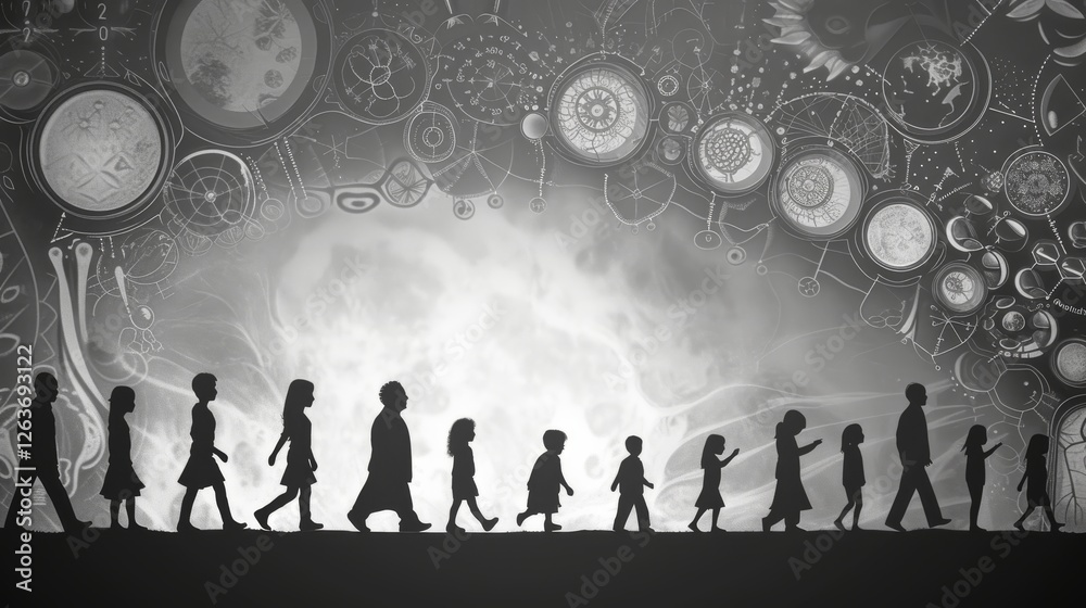 Human evolution silhouettes progressing beneath a surreal clockwork-inspired sky with intricate patterns, blending time and growth in monochrome tones. AI generated.