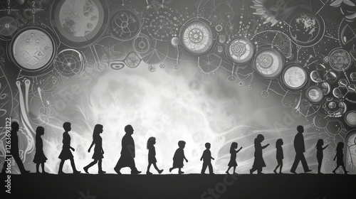 Obraz na płótnie Human evolution silhouettes progressing beneath a surreal clockwork-inspired sky with intricate patterns, blending time and growth in monochrome tones. AI generated. w salonie