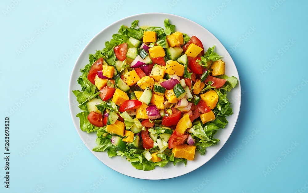Fresh garden salad with vinaigrette on white plate top view Fresh garden salad with vinaigrette on white plate top view