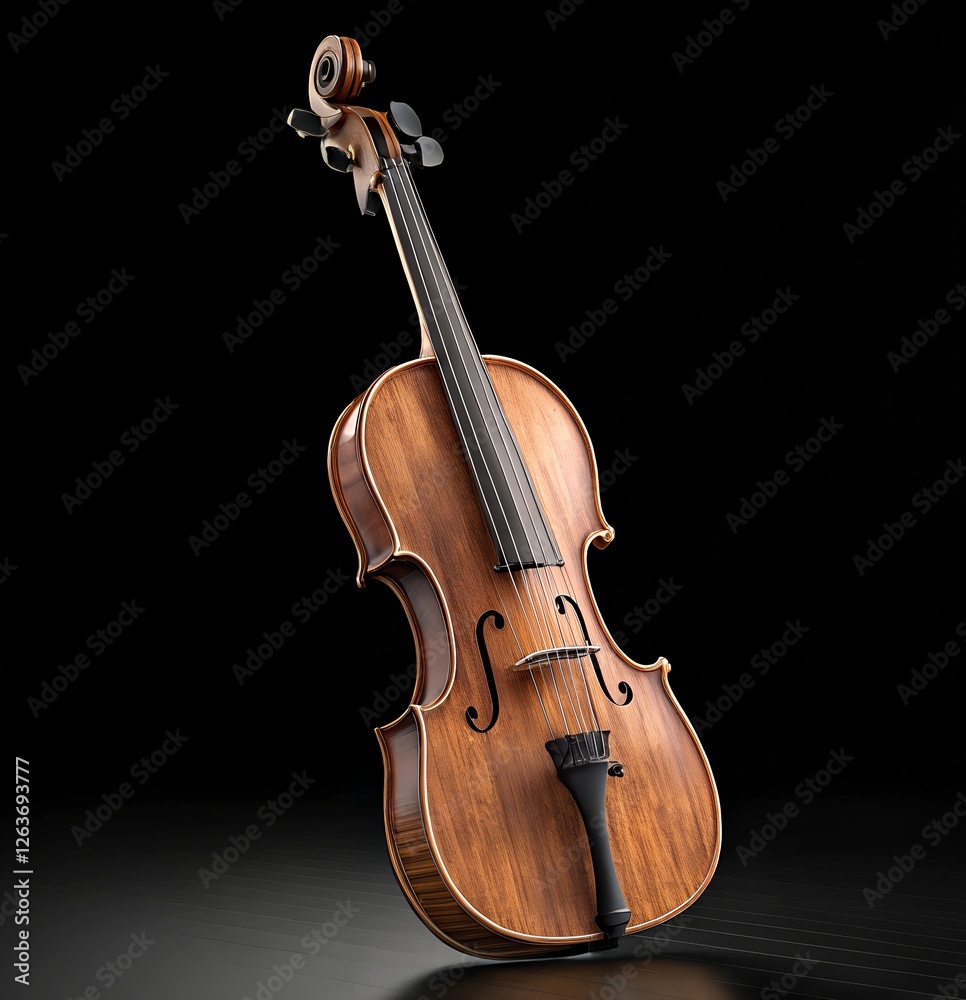Fototapeta premium Ultra-realistic, high-quality violin on a pure black background, showcasing sharp textures, natural reflections, and studio lighting, perfect for commercial use and photorealistic rendering
