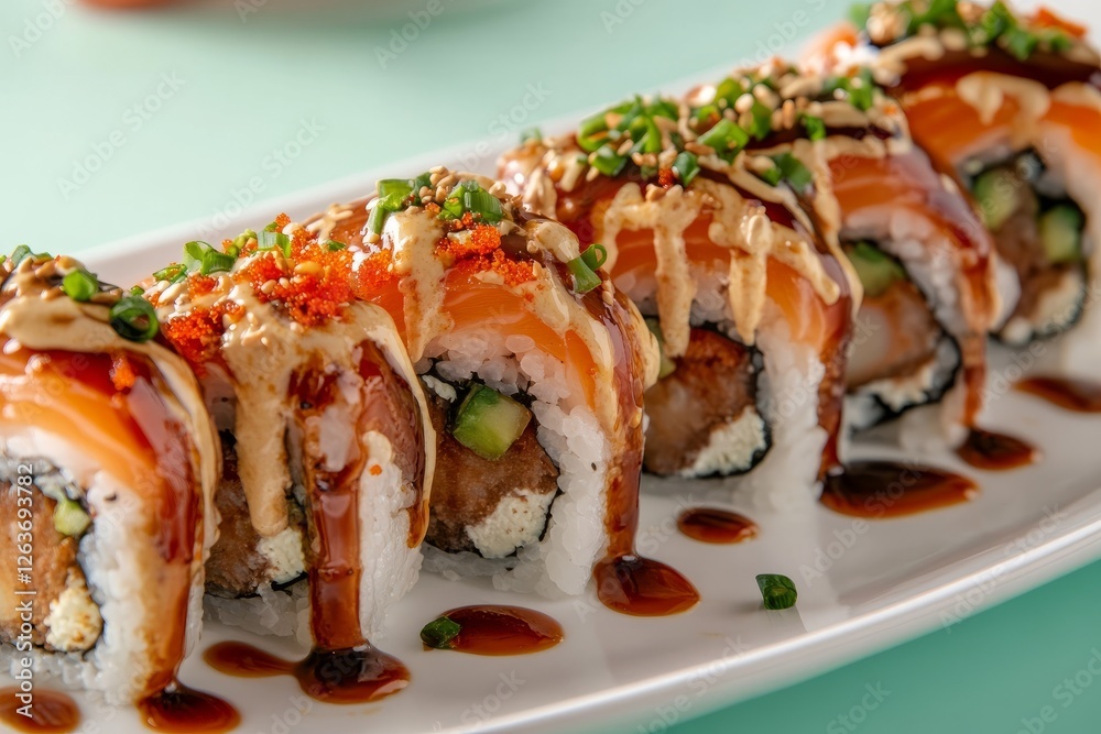 Sushi rolls on white plate with mint green background zoomed from above Sushi rolls on white plate with mint green background zoomed from above