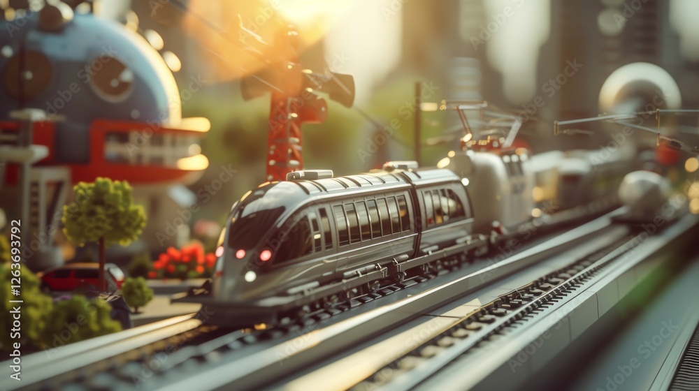 A sleek high-speed train traveling through a colorful, futuristic cityscape with warm sunlight, showcasing innovation in transportation. AI generated.