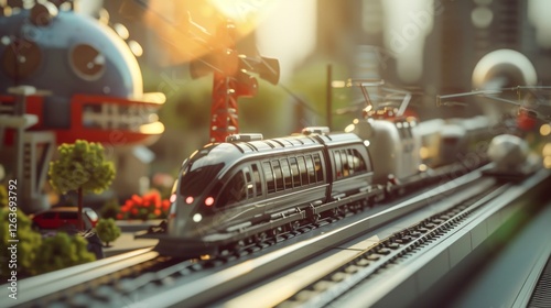 Obraz na płótnie A sleek high-speed train traveling through a colorful, futuristic cityscape with warm sunlight, showcasing innovation in transportation. AI generated. w salonie