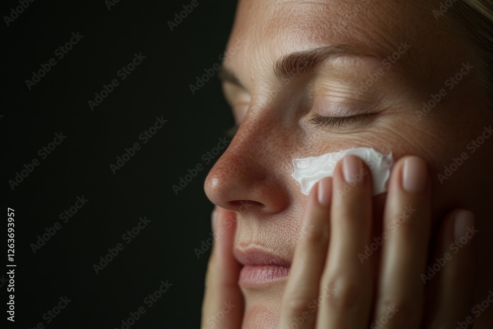 Woman applying cream on her face during a skincare routine at home Woman applying cream on her face during a skincare routine at home