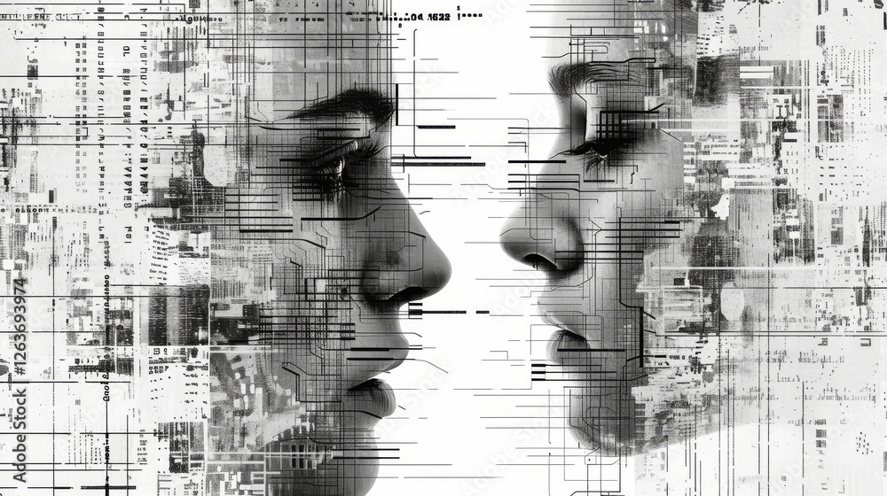 Digital artwork featuring two profile portraits layered with futuristic circuit-like patterns on a white background, evoking technology and AI themes. AI generated.
