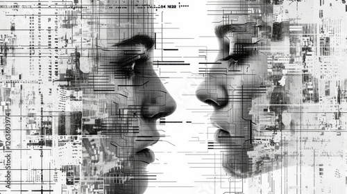 Obraz na płótnie Digital artwork featuring two profile portraits layered with futuristic circuit-like patterns on a white background, evoking technology and AI themes. AI generated. w salonie