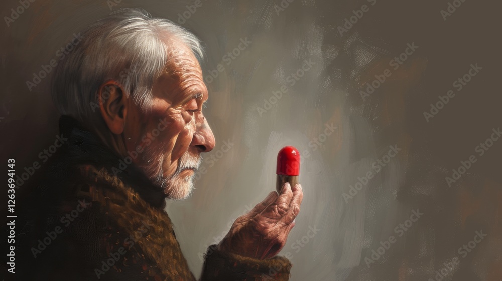 Portrait of an elderly man in dim light, holding a large red capsule with a reflective expression. Striking depiction of age, health, and contemplation. AI generated.