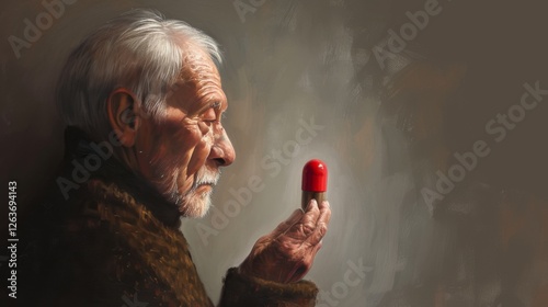 Obraz na płótnie Portrait of an elderly man in dim light, holding a large red capsule with a reflective expression. Striking depiction of age, health, and contemplation. AI generated. w salonie