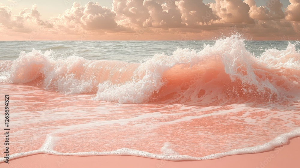 Fototapeta premium Pink Beach Waves at Sunrise. Peaceful Ocean Scene. Possible Stock Photo Use