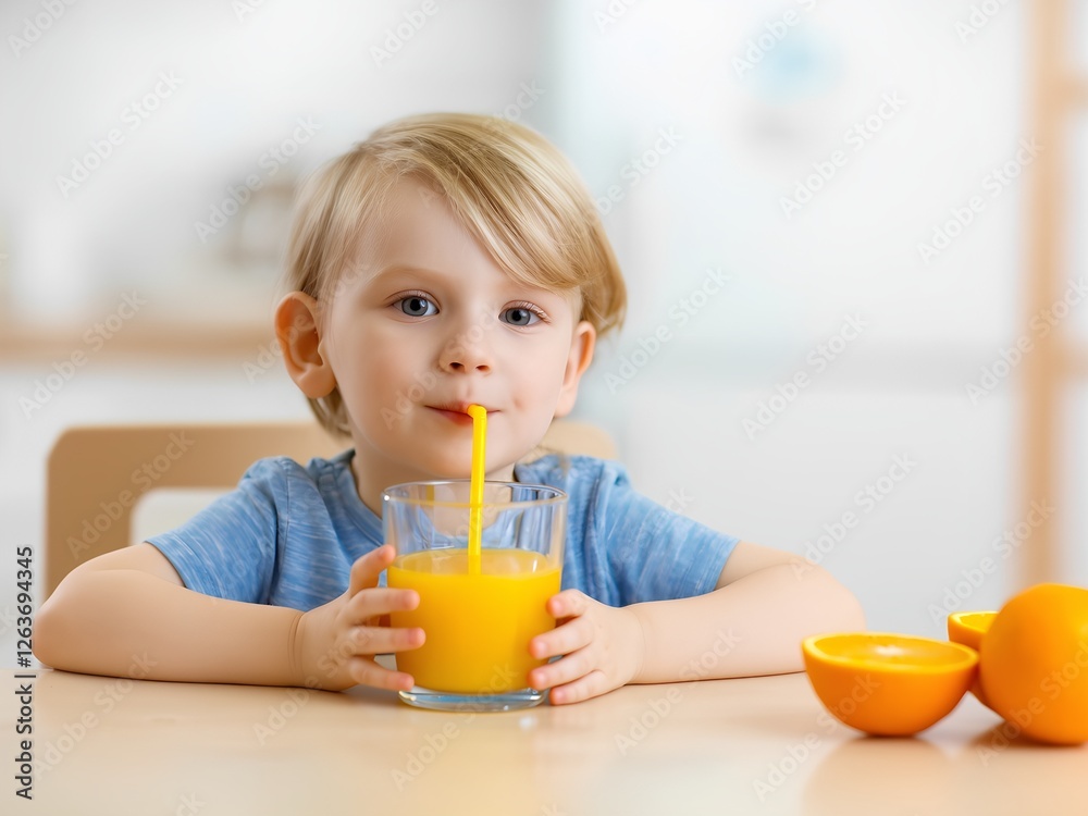 Cute Toddler Enjoying a Glass of Fresh Orange Juice, Healthy Eating and Child Nutrition Cute Toddler Enjoying a Glass of Fresh Orange Juice, Healthy Eating and Child Nutrition